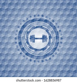 big dumbbell icon inside blue badge with geometric pattern background.