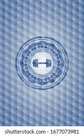 big dumbbell icon inside blue emblem or badge with abstract geometric polygonal pattern background.