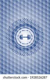 big dumbbell icon inside blue hexagon badge. 