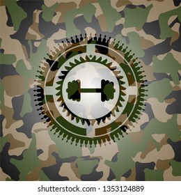 big dumbbell icon inside camouflage emblem