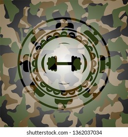 big dumbbell icon inside camouflaged emblem