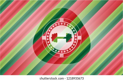 big dumbbell icon inside christmas colors style emblem.