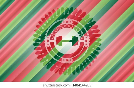 big dumbbell icon inside christmas colors style badge.