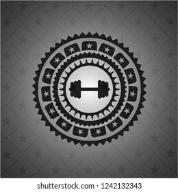 big dumbbell icon inside dark badge or emblem