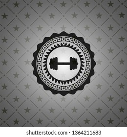 big dumbbell icon inside dark emblem. Retro
