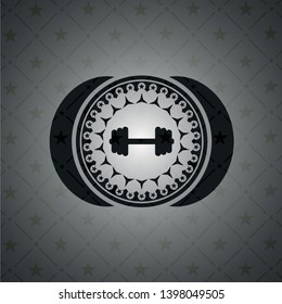 big dumbbell icon inside dark badge or emblem