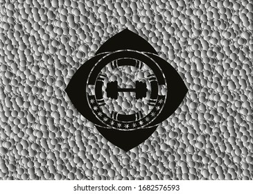 big dumbbell icon inside dark emblem with grey bubbles background. Retro. Vector Illustration. Detailed.