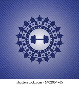big dumbbell icon inside emblem with jean high quality background