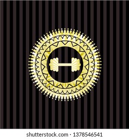 big dumbbell icon inside gold badge or emblem