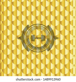 big dumbbell icon inside gold badge or emblem. Scales pattern. Vector Illustration. Detailed.
