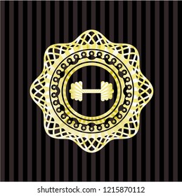 big dumbbell icon inside golden emblem or badge