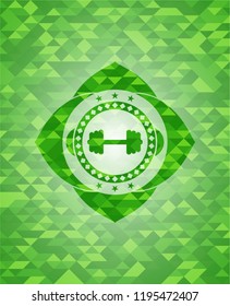 big dumbbell icon inside green mosaic emblem