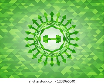 big dumbbell icon inside green emblem. Mosaic background