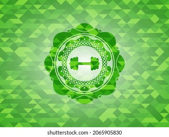 big dumbbell icon inside green mosaic emblem. 