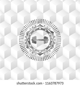 big dumbbell icon inside grey emblem with geometric cube white background