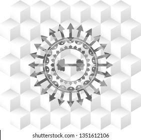big dumbbell icon inside grey emblem. Vintage with geometric cube white background
