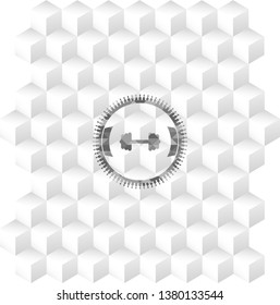 big dumbbell icon inside grey emblem. Retro with geometric cube white background