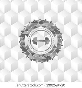 big dumbbell icon inside grey icon or emblem with geometric cube white background