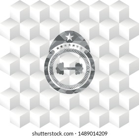 big dumbbell icon inside grey emblem. Retro with geometric cube white background