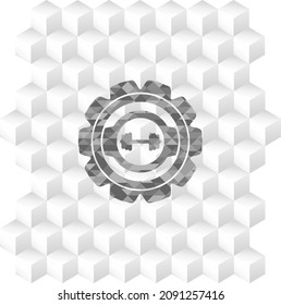 big dumbbell icon inside grey icon or emblem with geometric cube white background. 