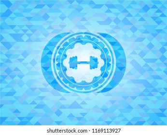 big dumbbell icon inside light blue emblem. Mosaic background