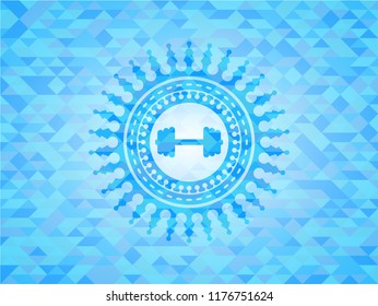 big dumbbell icon inside light blue emblem. Mosaic background