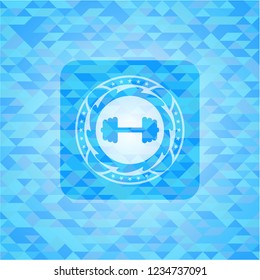 big dumbbell icon inside light blue emblem with mosaic ecological style background