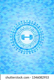 big dumbbell icon inside light blue emblem. Mosaic background