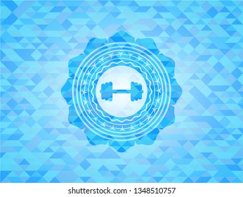 big dumbbell icon inside light blue emblem with mosaic background