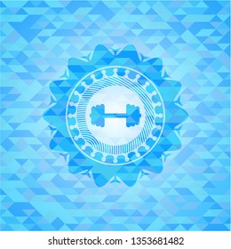 big dumbbell icon inside light blue emblem with mosaic ecological style background