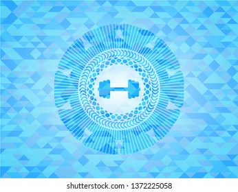 big dumbbell icon inside light blue emblem with mosaic background