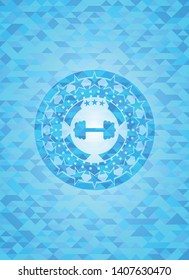big dumbbell icon inside light blue emblem. Mosaic background