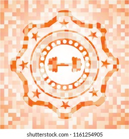 big dumbbell icon inside orange mosaic emblem