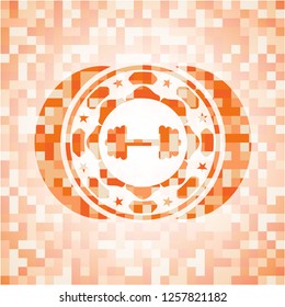 big dumbbell icon inside orange mosaic emblem