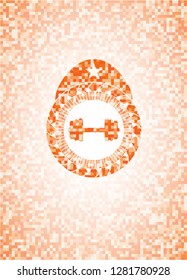 big dumbbell icon inside orange mosaic emblem