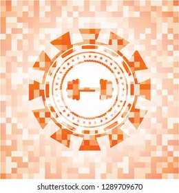 big dumbbell icon inside orange mosaic emblem