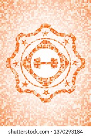 big dumbbell icon inside orange mosaic emblem with background