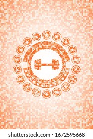 big dumbbell icon inside orange tile background illustration. Square geometric mosaic seamless pattern with emblem inside.