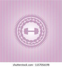 big dumbbell icon inside pink emblem. Vintage.