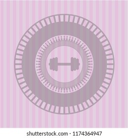 big dumbbell icon inside pink emblem. Vintage.