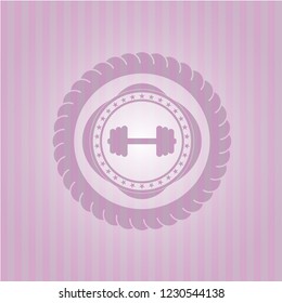 big dumbbell icon inside pink emblem