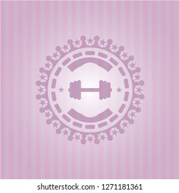 big dumbbell icon inside pink emblem. Vintage.