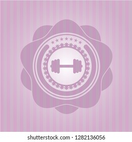 big dumbbell icon inside pink emblem. Retro