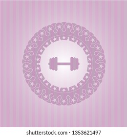 big dumbbell icon inside pink emblem. Retro