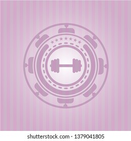 big dumbbell icon inside pink emblem. Retro
