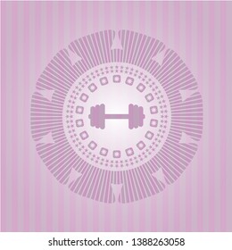 big dumbbell icon inside pink emblem. Retro