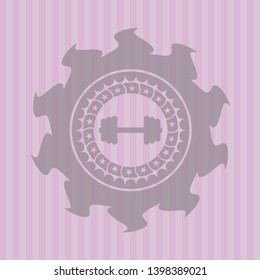 big dumbbell icon inside pink emblem. Retro