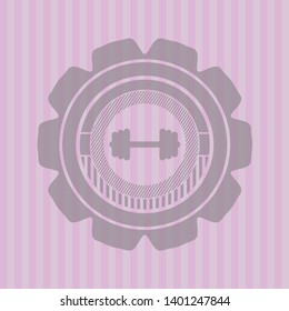 big dumbbell icon inside pink emblem. Vintage.