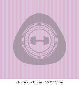 big dumbbell icon inside pink emblem. Retro