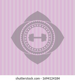 big dumbbell icon inside pink emblem. Vintage.